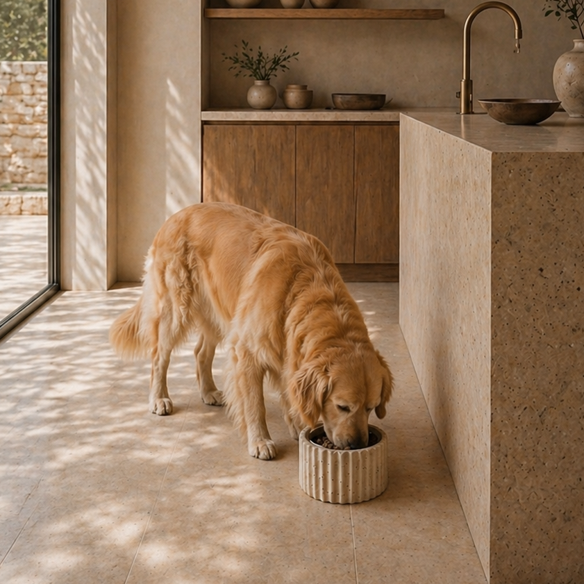 Luxury travertine dog bowl in a modern home with a golden retriever
